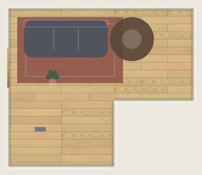 A finished L-shaped living room floor of wood planks, rendered by the game's own code