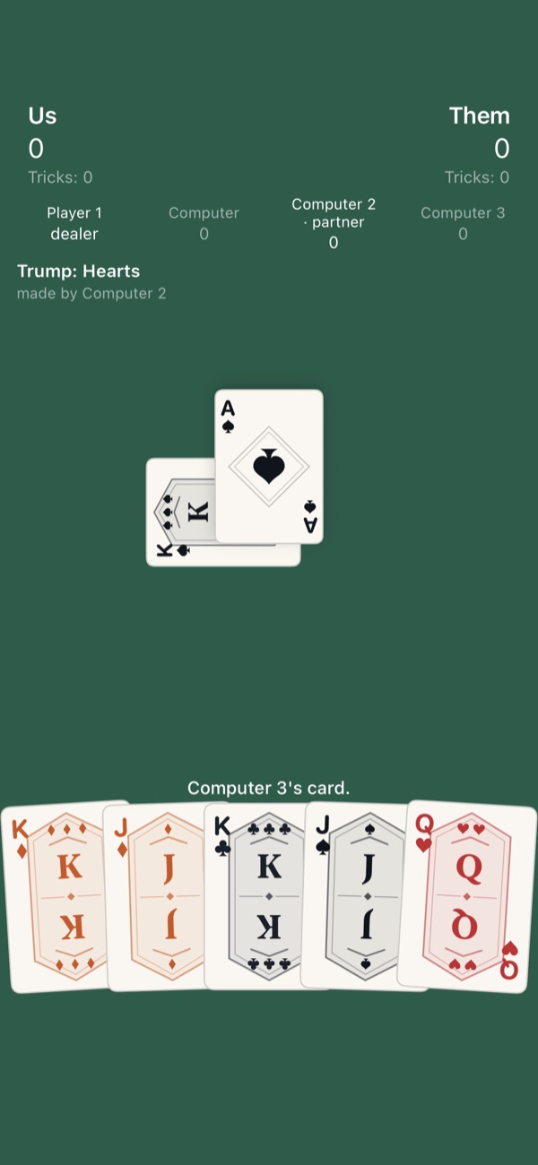 A Euchre trick in progress, me and a computer partner against two computer players