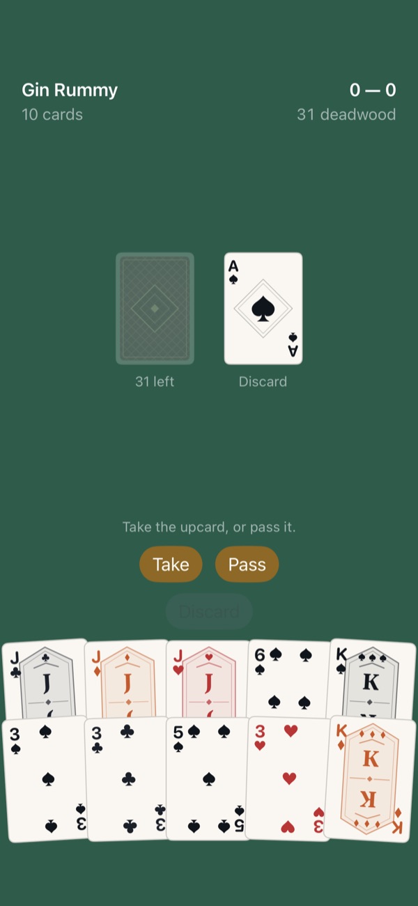 A Gin Rummy hand with the upcard showing